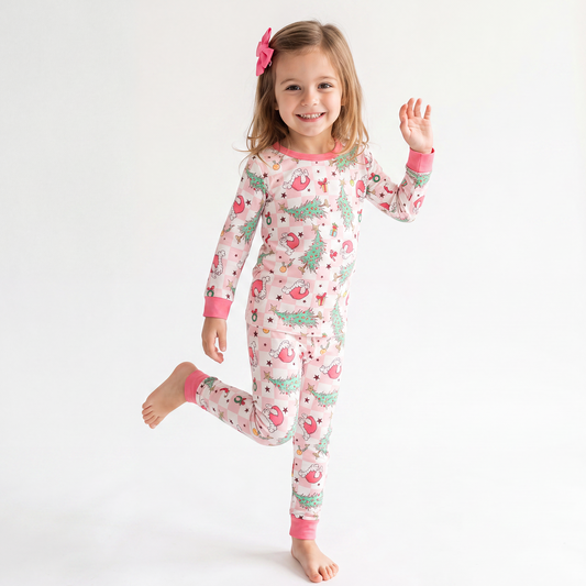 Christmas Pink Plaid Christmas Tree Bamboo Long Sleeve Pajama Set