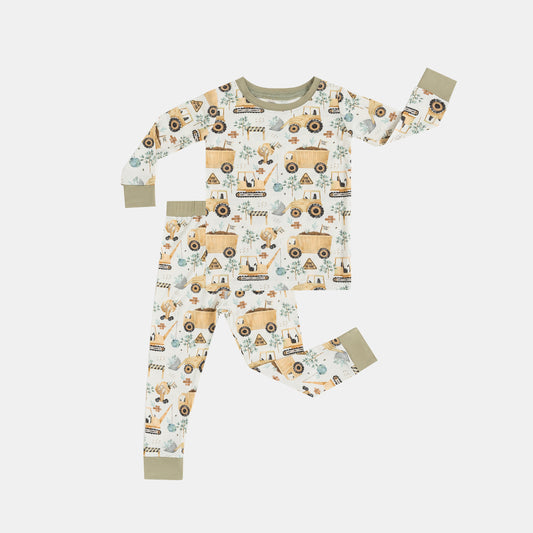 Yellow Construction Vehicle Kids Bamboo Two-Piece Pajama Set
