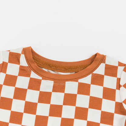 Kids Bamboo Two-Piece Pajama Set Orange Checkerboard