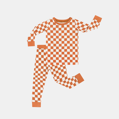 Kids Bamboo Two-Piece Pajama Set Orange Checkerboard
