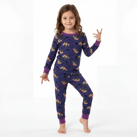 Halloween Witch Sisters Black Cat Bamboo Long Sleeve Pajama Set