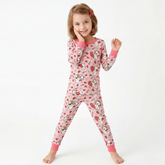 Cat Strawberry Flowers Bamboo Long Sleeve Pajama Set