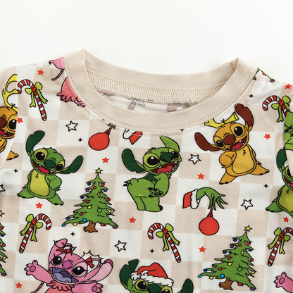 Christmas Alien Friends Checkerboard Kids Bamboo Two-Piece Pajama Set