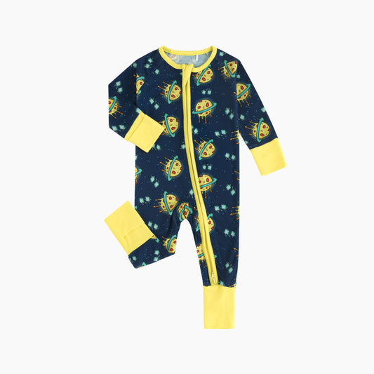 Deep Blue Cartoon Planet Baby Bamboo Zipper Romper