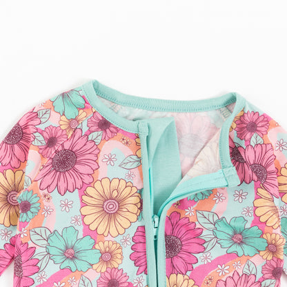 Blue Pink Flowers Bloom Bamboo Baby Zipper Romper Pajamas