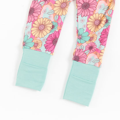 Blue Pink Flowers Bloom Bamboo Baby Zipper Romper Pajamas