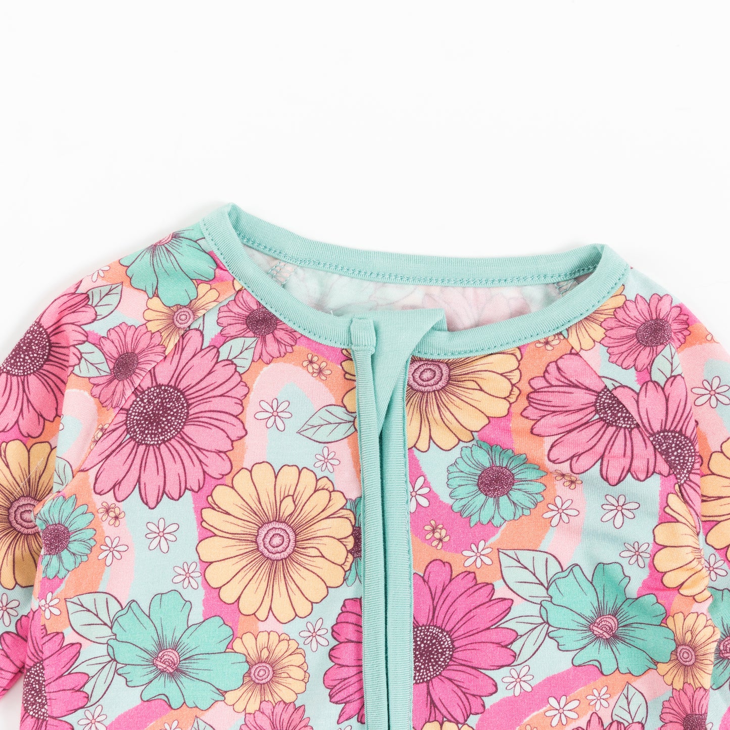 Blue Pink Flowers Bloom Bamboo Baby Zipper Romper Pajamas