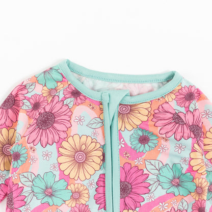 Blue Pink Flowers Bloom Bamboo Baby Zipper Romper Pajamas