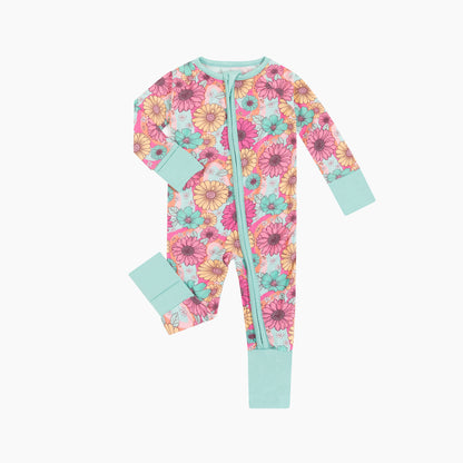 Blue Pink Flowers Bloom Bamboo Baby Zipper Romper Pajamas