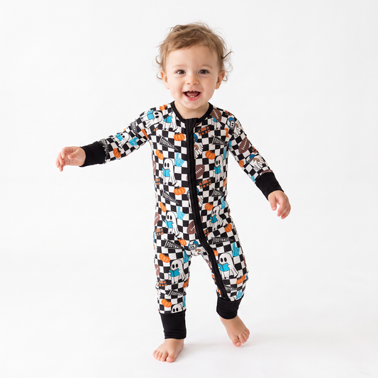 Halloween Ghost Football Baby Bamboo Zipper Romper Pajamas