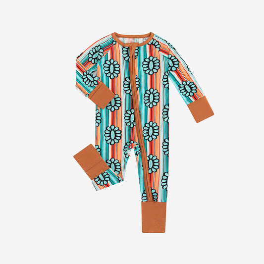 Teal Floral & Colorful Stripe Baby Bamboo Zipper Romper