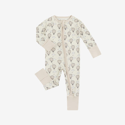 Beige Hot Air Balloons & Clouds Baby Zip-Up Romper