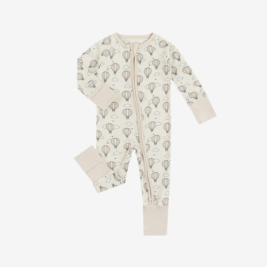 Beige Hot Air Balloons & Clouds Baby Zip-Up Romper