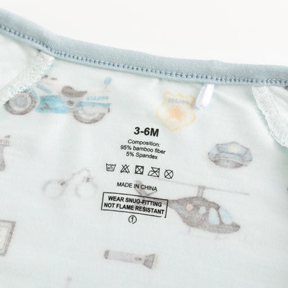 Light Blue Cartoon Police Print Baby Bamboo Zip-Up Romper