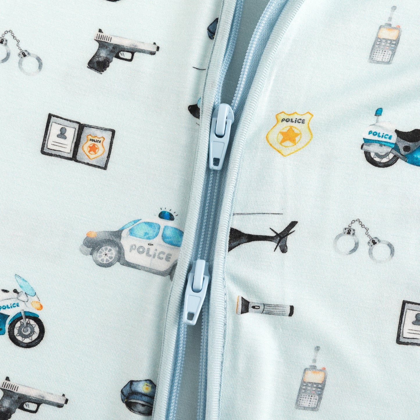 Light Blue Cartoon Police Print Baby Bamboo Zip-Up Romper