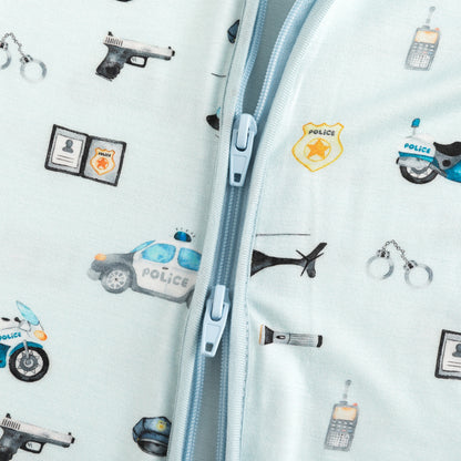 Light Blue Cartoon Police Print Baby Bamboo Zip-Up Romper