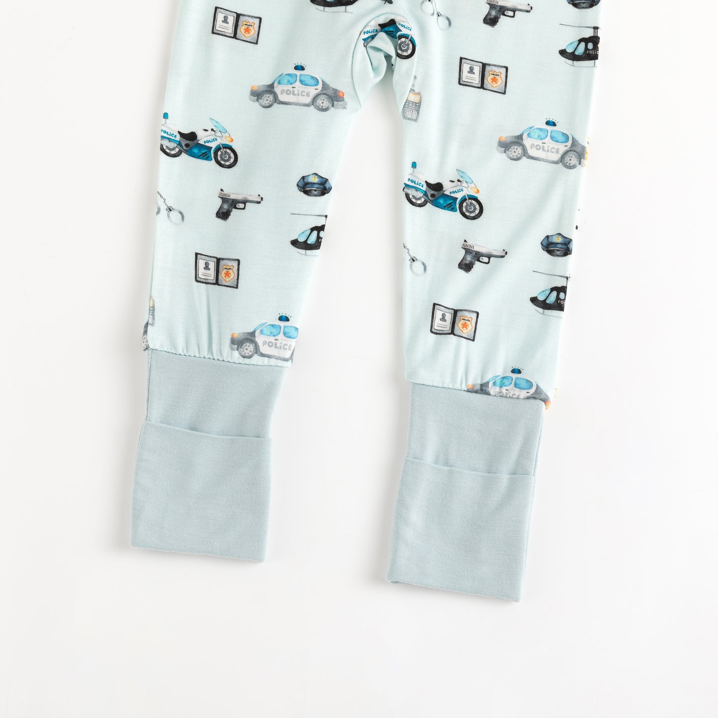 Light Blue Cartoon Police Print Baby Bamboo Zip-Up Romper