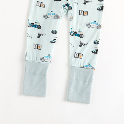 Light Blue Cartoon Police Print Baby Bamboo Zip-Up Romper