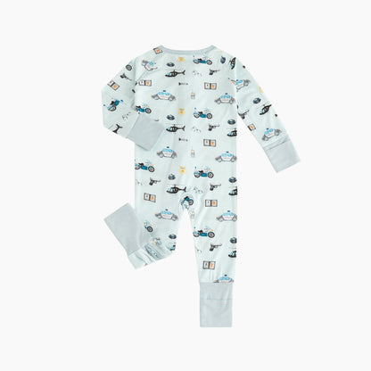 Light Blue Cartoon Police Print Baby Bamboo Zip-Up Romper