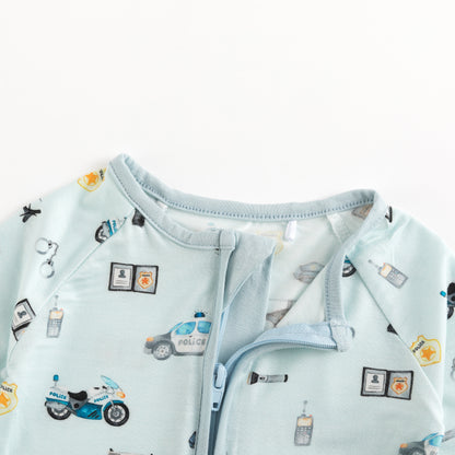 Light Blue Cartoon Police Print Baby Bamboo Zip-Up Romper