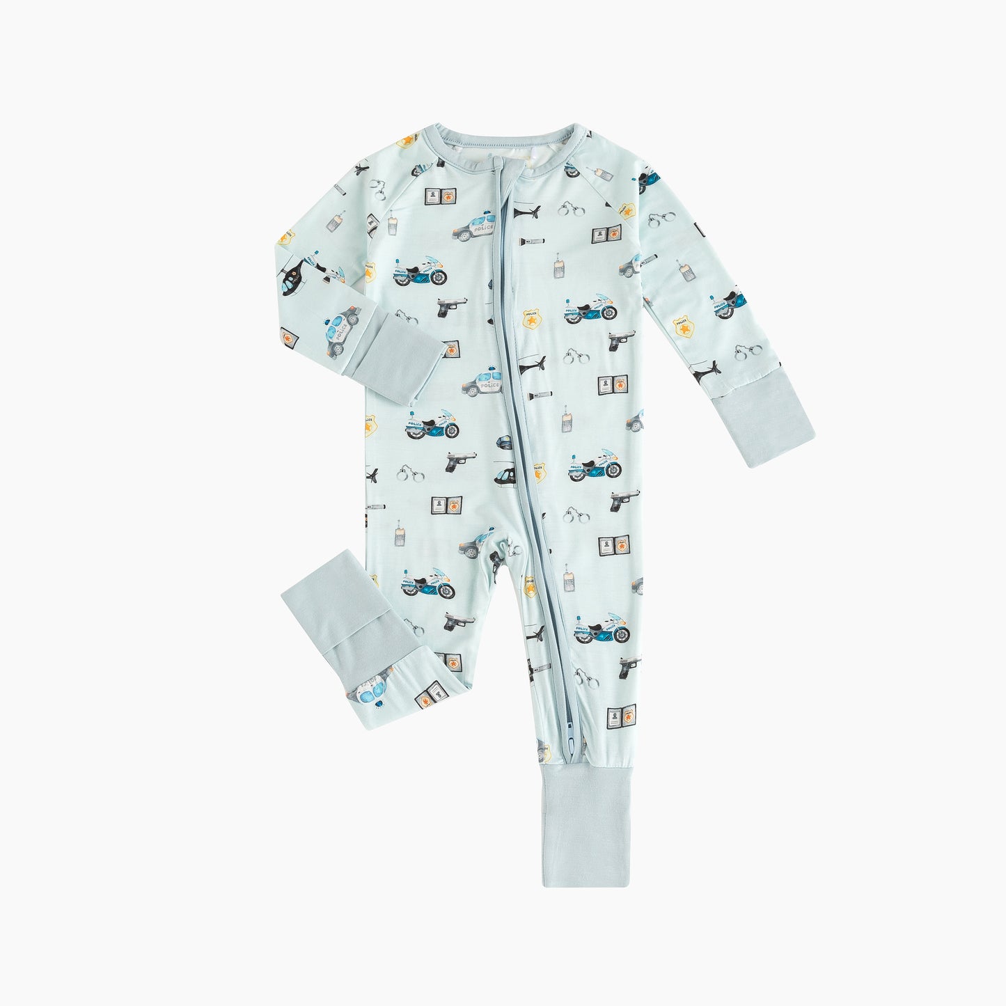 Light Blue Cartoon Police Print Baby Bamboo Zip-Up Romper