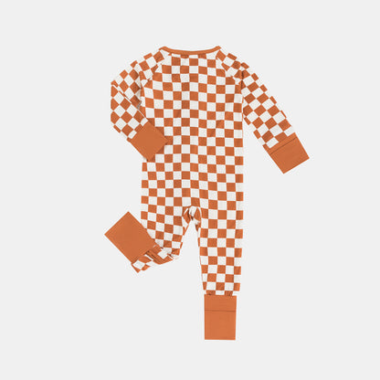 Orange Checkerboard Bamboo Zipper Romper Pajamas