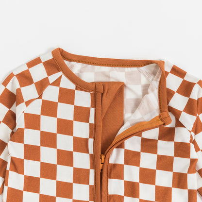 Orange Checkerboard Bamboo Zipper Romper Pajamas