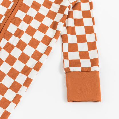 Orange Checkerboard Bamboo Zipper Romper Pajamas