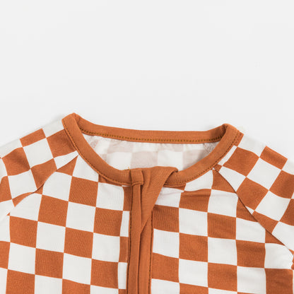Orange Checkerboard Bamboo Zipper Romper Pajamas