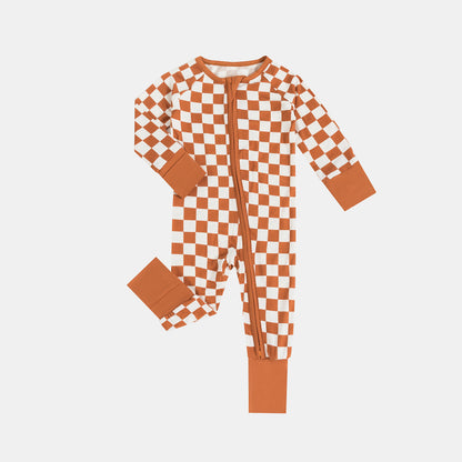 Orange Checkerboard Bamboo Zipper Romper Pajamas