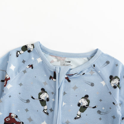 Grey Blue Cartoon Hockey Players Baby Zip-Up Romper
