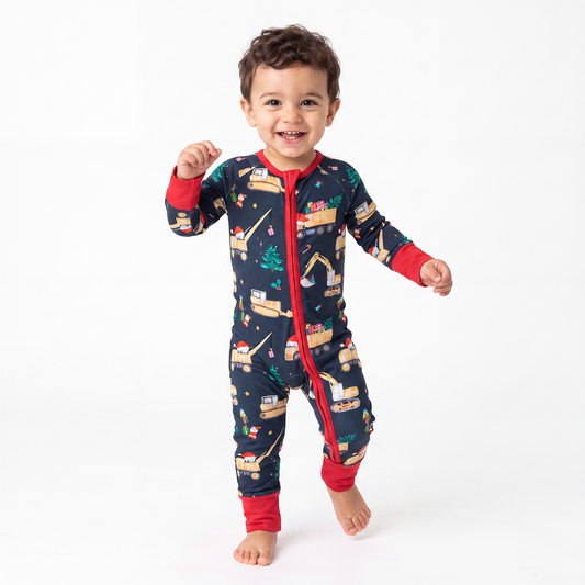 Christmas Digger Baby Bamboo Zipper Romper Pajamas