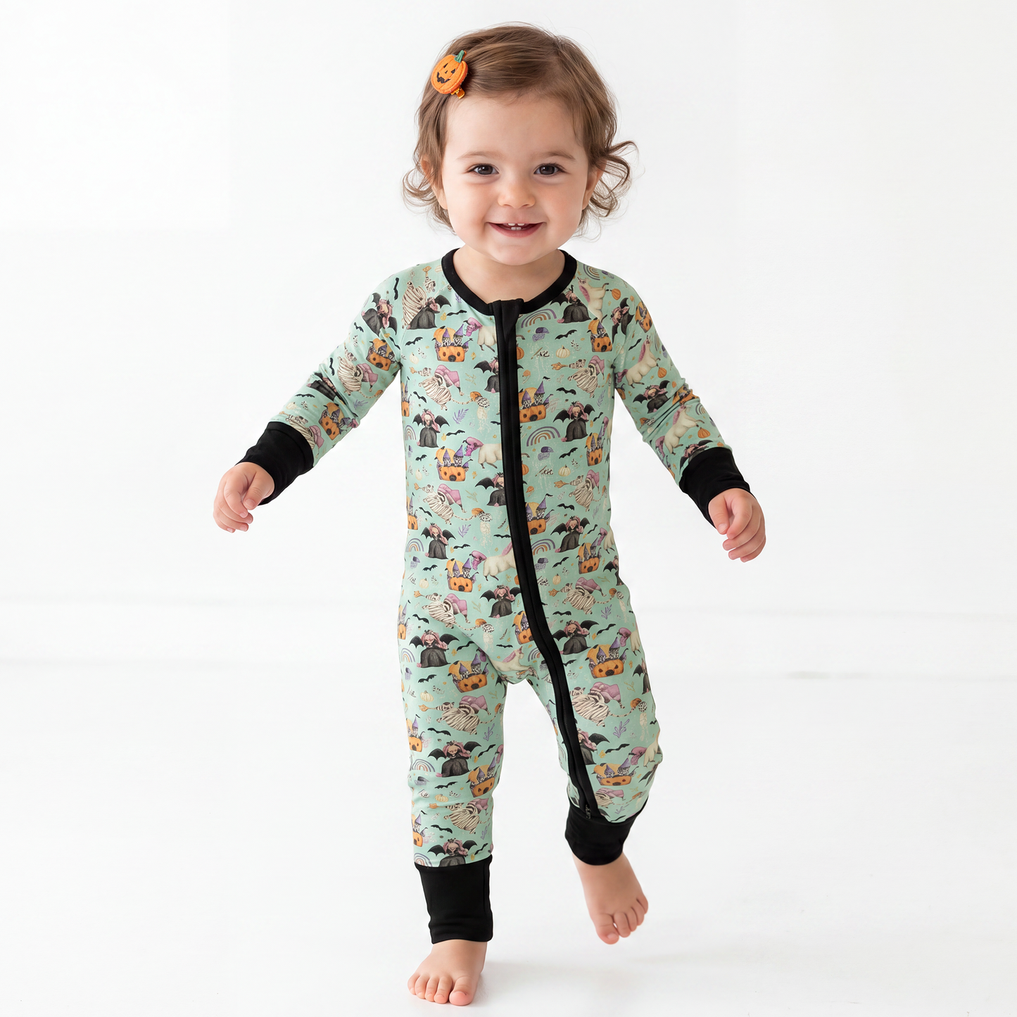 Halloween bamboo zipper romper design - baby apparel bamboo zipper romper with custom design - baby wear front view