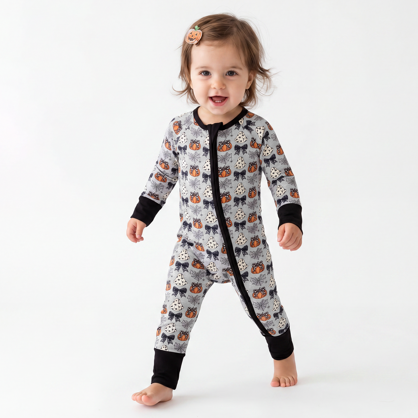 Halloween bamboo zipper romper design - baby apparel bamboo zipper romper with custom design - baby wear front view