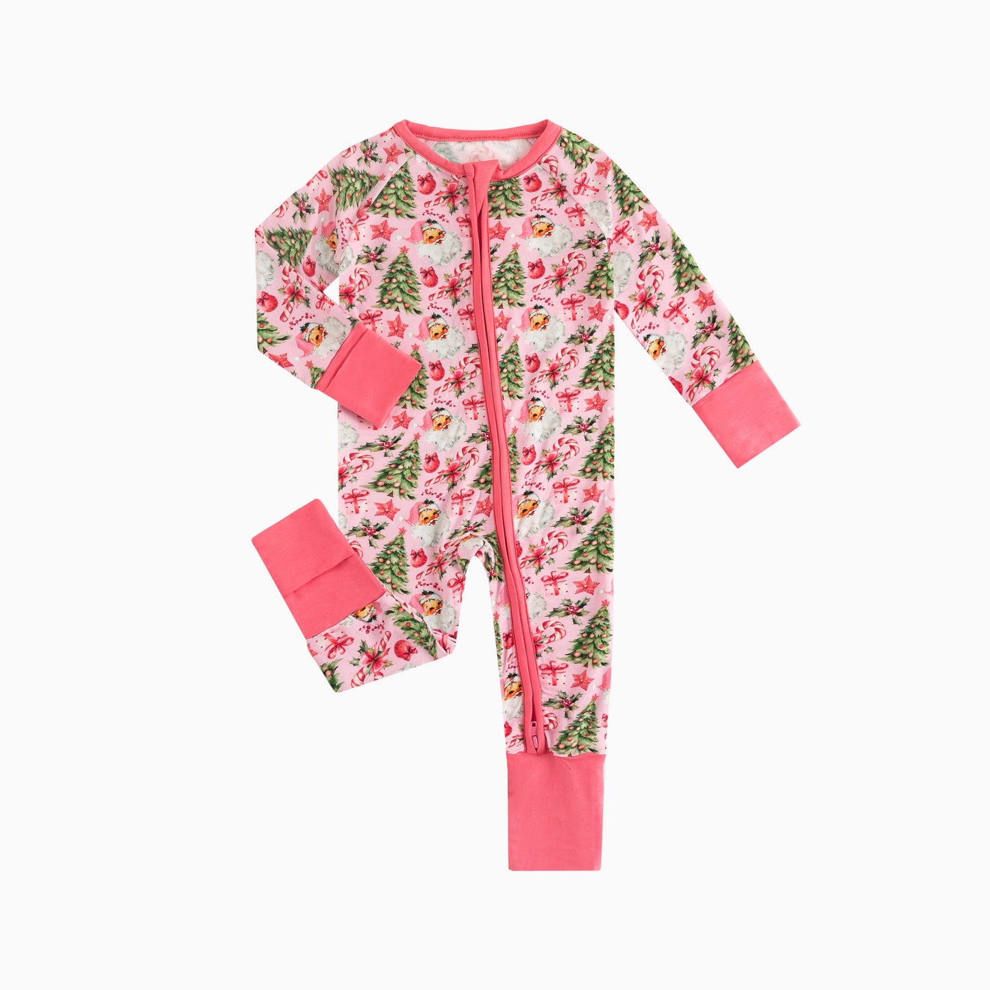 Santa Claus Christmas Tree Pink Baby Bamboo Zipper Romper Pajamas