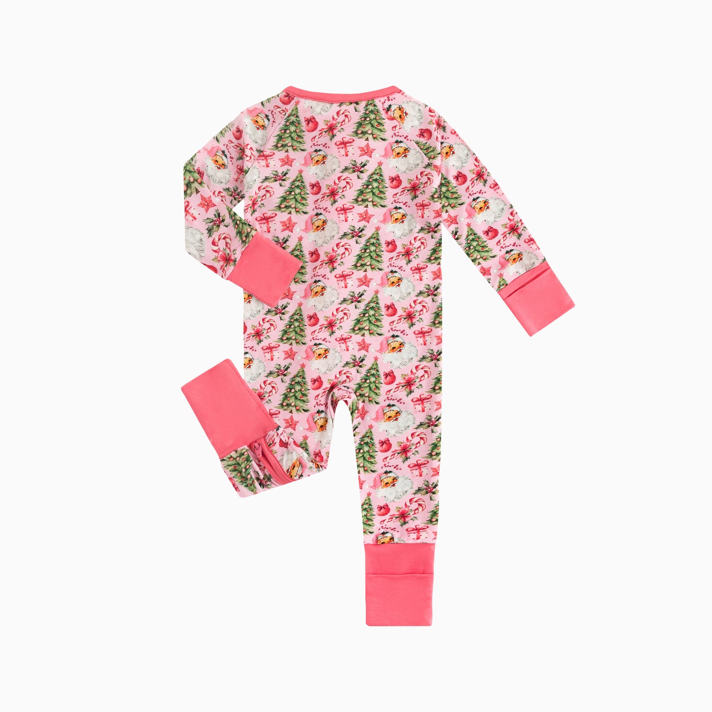 Santa Claus Christmas Tree Pink Baby Bamboo Zipper Romper Pajamas