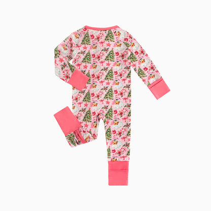 Santa Claus Christmas Tree Pink Baby Bamboo Zipper Romper Pajamas