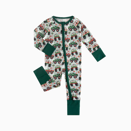 Christmas Truck Baby Bamboo Zipper Romper Pajamas