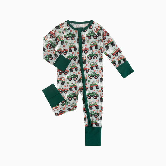 Christmas Truck Baby Bamboo Zipper Romper Pajamas