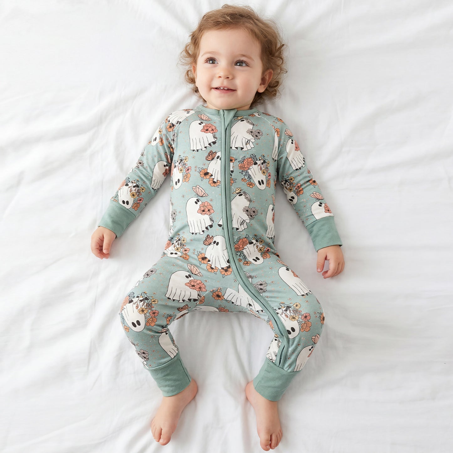 Baby Bamboo Zipper Pajama Romper Halloween Green Ghost Flowers