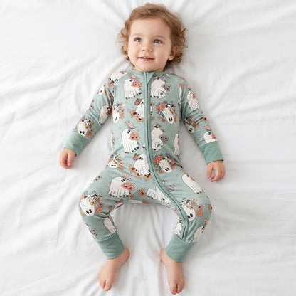 Baby Bamboo Zipper Pajama Romper Halloween Green Ghost Flowers