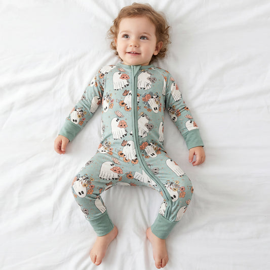Baby Bamboo Zipper Pajama Romper Halloween Green Ghost Flowers