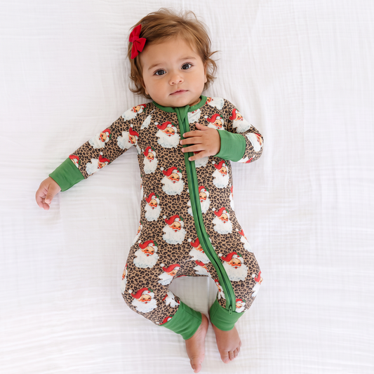 Christmas Leopard Santa Claus Baby Bamboo Zipper Romper Pajamas