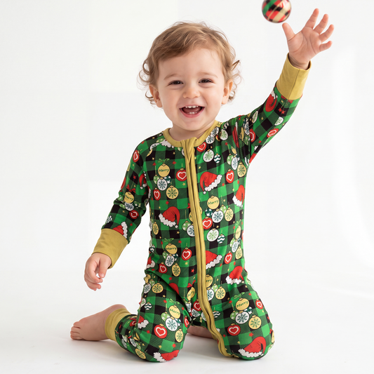 Christmas Hat Element Baby Bamboo Zipper Romper Pajamas