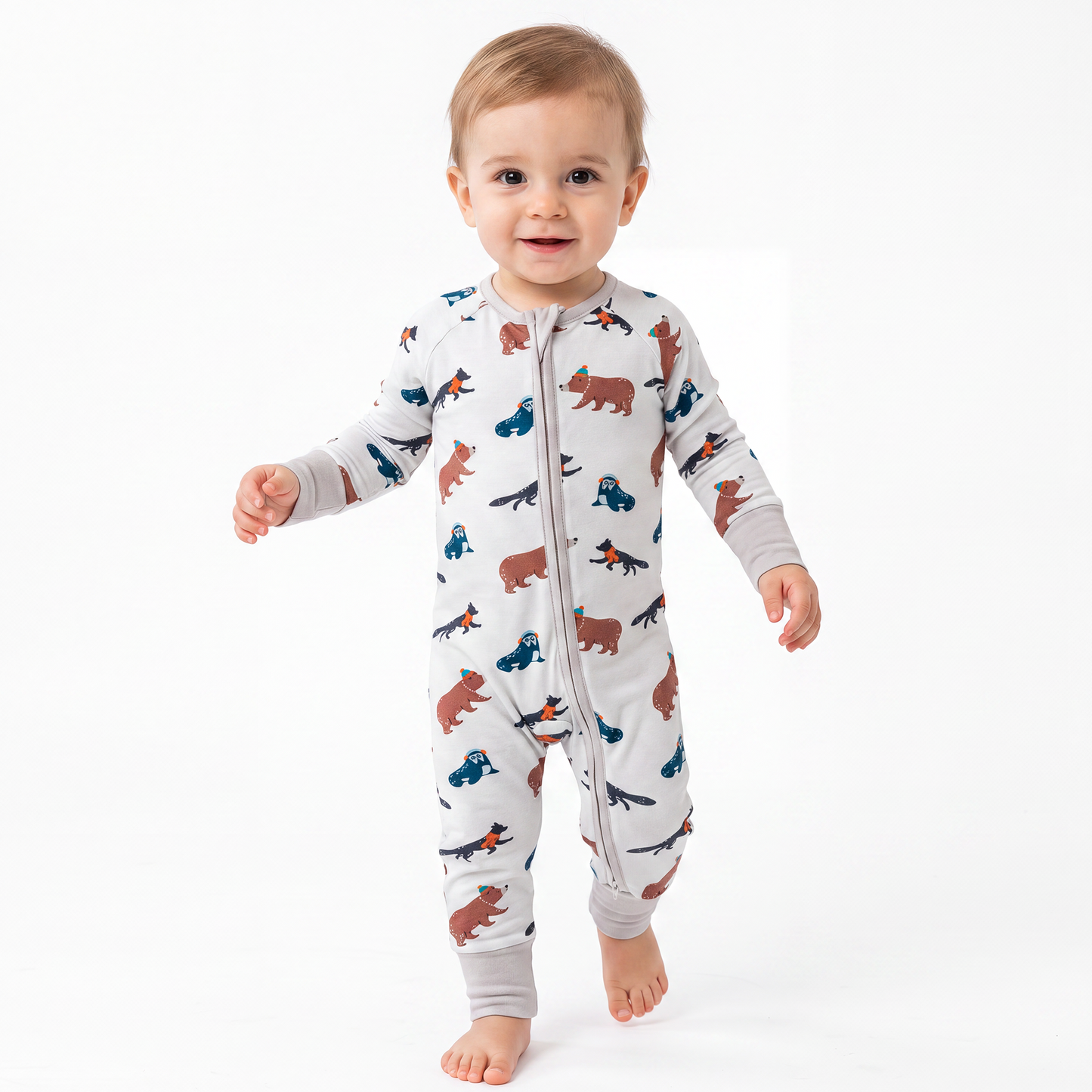 Cartoon Animals Baby Bamboo Zipper Romper Pajamas