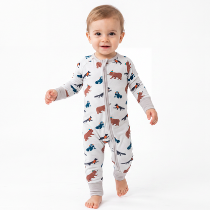 Cartoon Animals Baby Bamboo Zipper Romper Pajamas
