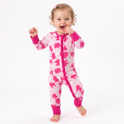 Christmas Pink Teddy Print Baby Bamboo Zipper Romper Pajamas