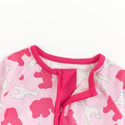Christmas Pink Teddy Print Baby Bamboo Zipper Romper Pajamas