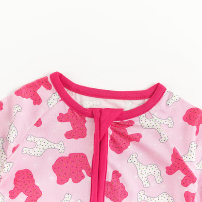 Christmas Pink Teddy Print Baby Bamboo Zipper Romper Pajamas