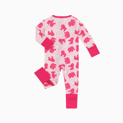 Christmas Pink Teddy Print Baby Bamboo Zipper Romper Pajamas